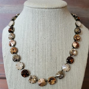 Austrian Crystal Necklace, 12mm Rivolis, Topaz, Rose Gold, Ivory Cream, Adjustable, Antique Brass