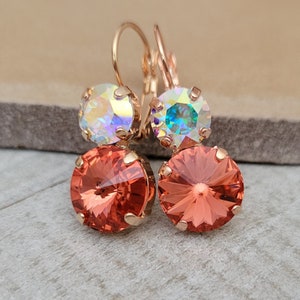 Austrian Crystal Earrings,  Two Stone Earrings,  Padparadscha, Crystal AB, Lever Backs, Gold