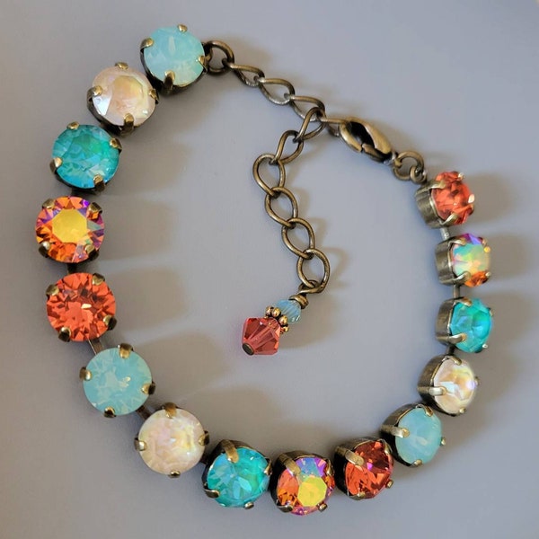 Austrian Crystal Tennis Bracelet, 8mm, Pacific Opal, Padparadsha, Antique Brass, Adjustable