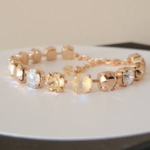 Austrian Crystal Tennis Bracelet, 8mm Chatons, Rose Gold, Peach, Moonlight, Ivory, Lobster Claw, Adjustable