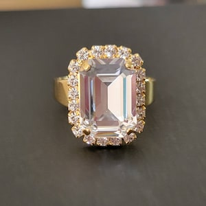 Austrian Crystal Ring, Statement Ring, Clear Crystal, Yellow Gold, Crystal Halo, Adjustable