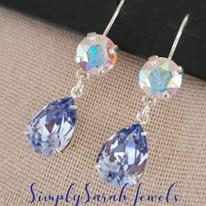 Austrian Crystal Drop Earrings, Silver, Lavender, AB Crystal, Lever Backs