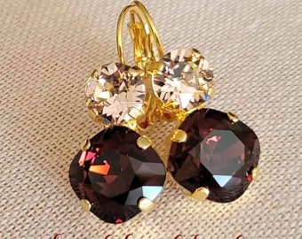 Austrian Crystal Two-Stone Earrings, Gold, Burgundy, Rose, Lever Backs