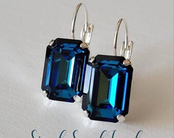 Austrian Crystal Earrings, Emerald Cut, Bermuda Blue, Silver, Lever Backs