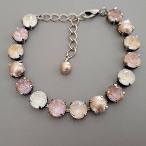 Austrian Crystal and Pearl Tennis Bracelet, 8mm Chatons, Pink, Gray, Almond, Lobster Claw, Adjustable