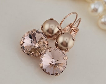 Swarovski Crystal and Pearl Earrings, Rose Gold Plate, Vintage Rose, Rose Gold Pearl, Lever Backs
