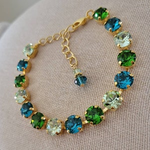 Austrian Crystal Bracelet, Tennis Bracelet, Gold, 8mm, Green, Blue, Adjustable
