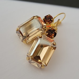 Austrian Crystal Earrings, Showstoppers, Golden Shadow, Smoked Topaz, Emerald Cut, Gold Plating, Lever Backs