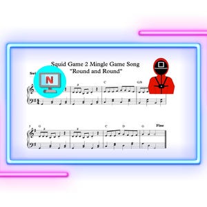 Puede incluir: Una partitura musical para la canción "Round and Round" del juego de mezcla Squid Game 2. La partitura presenta un teclado de piano con notas y acordes. El título de la canción está escrito en negro sobre fondo blanco. Un personaje rojo con una máscara negra se muestra a la derecha de la partitura.