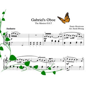 Puede incluir: Partitura de piano con el título "Gabriel's Oboe" y el texto "The Mission O.S.T." La música está escrita en la clave de sol y tiene una indicación de tempo de Andante. La música presenta un gráfico de mariposa.