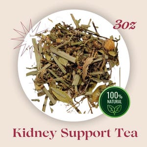 May include: A close-up of a white plate with a pile of dried herbs and leaves. The text "30z" is in the upper right corner of the image. A green circle with the text "100% NATURAL" is in the lower right corner of the image. The text "Kidney Support Tea" is below the plate.