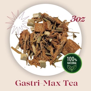 May include: A close-up of a white plate with a pile of brown and beige dried herbs and roots. The text "30z" is written in black on a white background in the top right corner of the image. A green circle with the text "100% NATURAL" is in the bottom right corner of the image. The text "Gastri-Max Tea" is written in black on a white background at the bottom of the image.