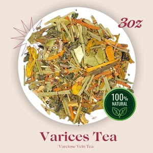 Puede incluir: Un primer plano de una bolsa de 850 g de té Varices, una mezcla de té de hierbas natural para las varices. El té es una mezcla de hierbas verdes, naranjas y amarillas. La bolsa está etiquetada como "100% Natural" y "Té Varices (Té para las varices)".