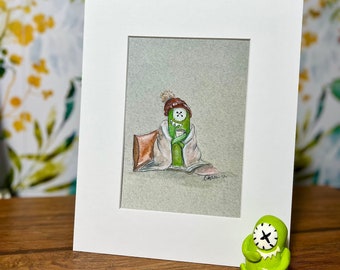 Fall art, Monster Art Print, Fall Art Print, Little Green Guy, Cozy Monster Print, Coffee Lover Gift