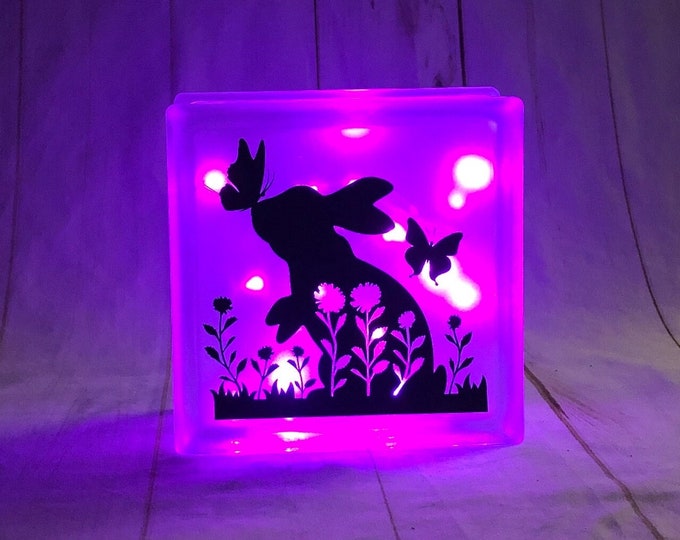 Featured listing image: Bunny and Flowers Lighted Glass Block - Pink