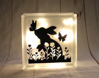 Bunny and Flowers Lighted Glass Block - White