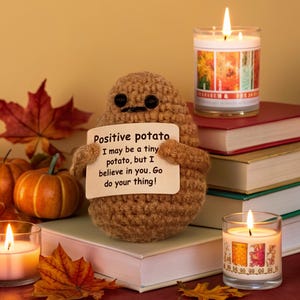 Könnte beinhalten: Eine gehäkelte Kartoffel-Figur hält ein Schild mit dem Text "Positive potato". Das Bild zeigt brennende Kerzen, Kürbisse und Herbstblätter. Die Kartoffel hat Knopfaugen und einen gestickten Mund. Auf dem Schild steht: "I may be a tiny potato, but I believe in you. Go do your thing!"