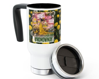 Kubek podróżny ze stali nierdzewnej z uchwytem, 14 uncji | #NOMOWMAY Retro Spring Dandelion Couture Edition (z nadrukiem Selfie Swag) | Spersonalizowany