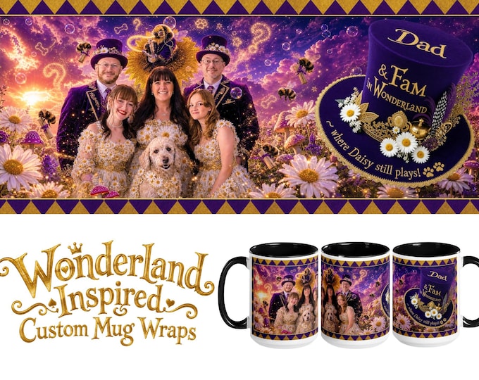 Personalized Wonderland Inspired Pet & Owner Portrait Accent Mug | Whimsical Bee Garden Art | Custom Selfie Artwork Dog Cat Mom Dad 11, 15oz