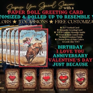 Cute Cowgirl Greeting Card in 8 Colors, 5 Occasions, FREE Customization for Birthday, Anniversary, Valentine&#39;s Day, I Love You, Just Because