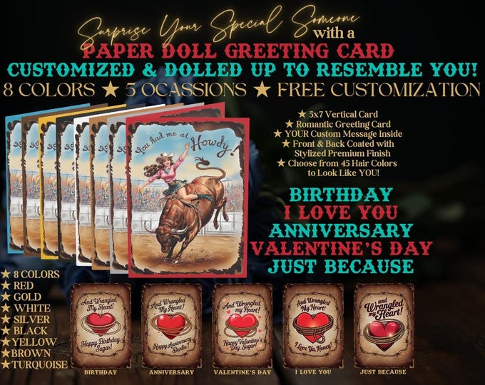 Cute Cowgirl Greeting Card in 8 Colors, 5 Occasions, FREE Customization for Birthday, Anniversary, Valentine's Day, I Love You, Just Because