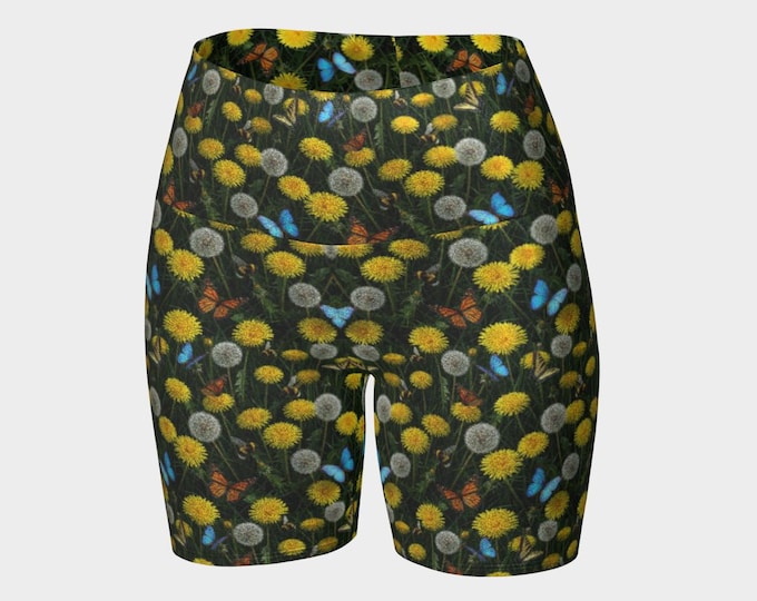 Dandelions for Pollinators Yoga Shorts | Save the Bees | Performance Knit | Glitter | Shimmer Finish | Spandex | Athletic Wear