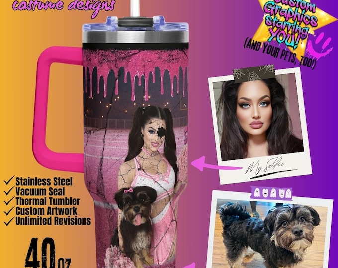 Personalized Halloween 40oz Tumbler with Handle | Cracked Doll Costume Travel Mug | Pet Portrait Dog Mom | Plus Custom Artwork Starring YOU!
