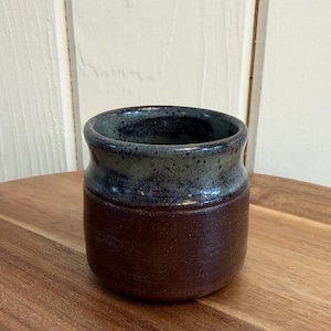 Vintage Studio Pottery Yunomi Tea Cup, Small Succulent Planter, Artist Signed Stoneware Vessel, Brown and Blue Grey Mottled Glaze, Japandi