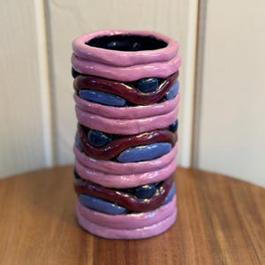 Handmade Abstract Ceramic Coil Vase - Postmodern Studio Pottery - Pink Burgundy Blue Textured Vessel - Unique Hand-Built Bud Vase - Signed