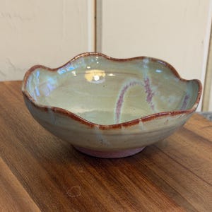 Vintage Handmade Studio Pottery Scalloped Bowl - Green and Purple Glazed Ceramic Dish - Artist Signed Small Dish Wavy Rim  - Wabi Sabi Decor