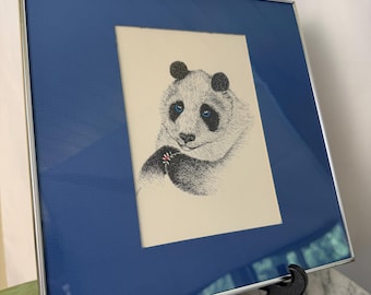 Vintage Rabindra Danks Panda Lithograph - Blue Eyed Panda Art - Framed 10x10 Whimsical Animal Print - Mid Century Modern Nursery Decor