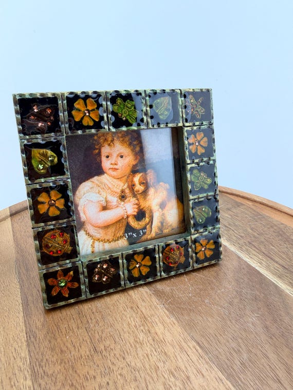 Vintage Jeweled Enamel Mosaic Picture Frame - 3x3 Square Gold Tone Metal - Butterfly Flower Ladybug Rhinestone Frame - Granny Chic Decor