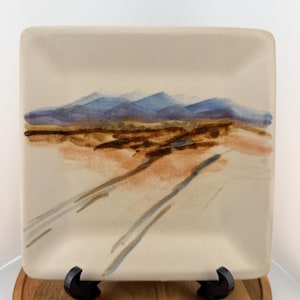 Luisa Baldinger Santa Fe Studio Pottery Square Plate - Hand Painted Desert Landscape - Blue Mountains - Southwestern Minimalist Decor