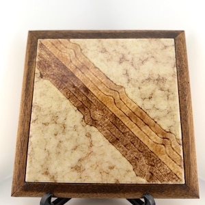 Vintage Italian Ceramic Tile Trivet in Wood Frame, Square Hot Plate, Marbled Agate Stone Design, Made in Italy 1970s Retro Kitchen Decor