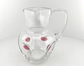 Vintage Empoli Italian Glass Pitcher, 1/4 Liter Carafe with Ruby Red Applied Prunts, Mid Century Modern Dimpled Glassware, Hand Blown