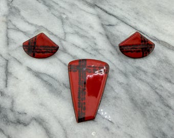 Mid Century Modern Enamel on Copper Jewelry Set, Vintage Red and Black Abstract Brooch and Earrings, Modernist Studio Art Jewelry, MCM Retro