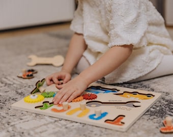 Montessori Wooden Busy Board: Construction Theme Sensory Toy
