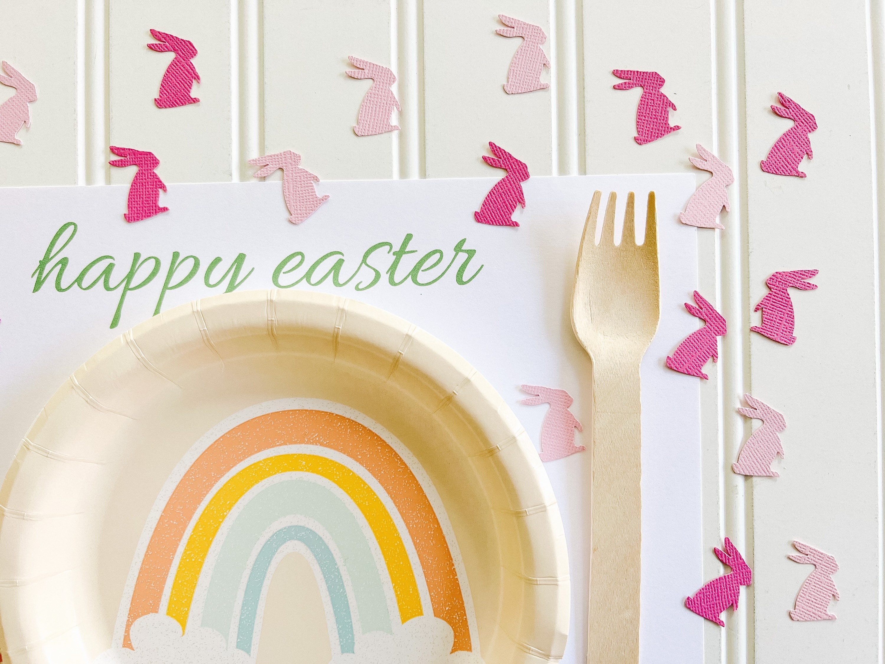 pink bunny bunnies rabbit paper confetti tablescape shades of pink easter girl baby shower 250 punches party table top