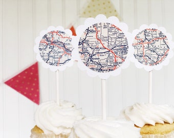 vintage map cupcake topper toppers bridal shower birthday party baby shower wedding desert set of 12 - 1 dozen white scallop circle