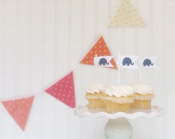 elephant cupcake boy blue topper flag toppers birthday party baby shower desert set of 12 - 1 dozen