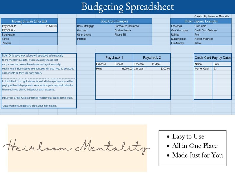 May include: A blue and white budgeting spreadsheet with the title "Budgeting Spreadsheet" and the text "Created By: Heirloom Mentality". The spreadsheet includes sections for income streams, fixed costs, other expenses, and credit card pay-by dates. The spreadsheet is designed to help people track their income and expenses.