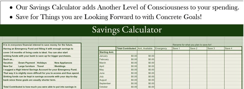 May include: A green and white savings calculator spreadsheet with columns for starting amount, total contributed, amount available, emergency, save 1, save 2, save 3, and save 4. The spreadsheet has rows for each month of the year, January through October. The text "Savings Calculator" is at the top of the spreadsheet.