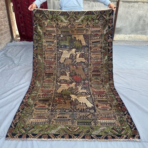 Tapete Afegão Antigo com Estampas 4x7 | Tapete Tribal Baluchi de Lã Feito à Mão | Decoração Étnica de Parede Sem Pelo | Tapete Nômade Vintage, Tapete Baho