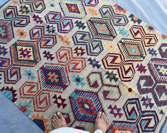 130x200 ft Moderner afghanischer Kelim-Teppich | Handgewebter mehrfarbiger geometrischer Flachgewebe Teppich | Tribal Wohnzimmer Teppich | Landhaus Dekor