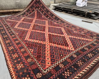 8'4 x 13'9 ft Oversized Vintage Afghan Handmade Kilim Rug, Flat Weave Geometric Carpet, Large Oriental Tribal Bohemian Area Rug, Bedroom Rug