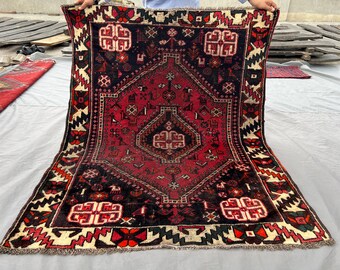 Alfombra de estilo caucásico de 4x5 de inspiración turca, anudada a mano, de pelo corto, desgastada y descolorida, vintage oriental, marroquí única, para dormitorio.