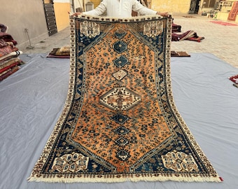 Turkish Inspired Caucasian Medallion Rug | 5' x 8'1" Rare Handwoven Wool Area Rug | with Orange and Blue Motifs, Bedroom Rug | Moroccan Rug