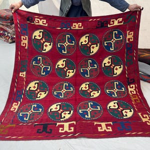 Vintage Handwoven Suzani Uzbek Kilim Rug, Colorful Pictorial Floral Design, Red, Blue, Green, Yellow, 5 x 5 Flat Weave Textile, Bedroom Rug