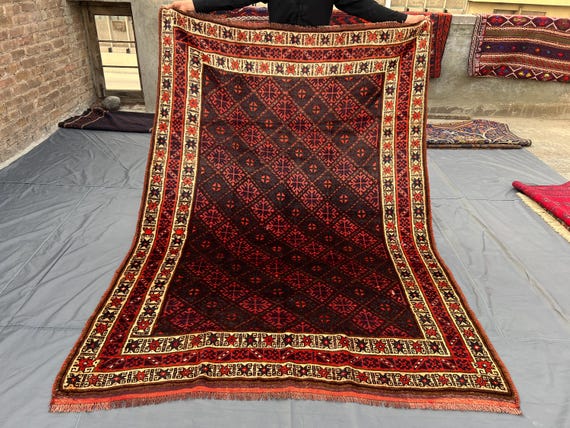 5'10"x8'0' Antique Afghan Tribal Rug | 1940s Handmade Baluch Wool Area Rug | Turkmen Bukhara Design | Large Living Room Rug, Bedroom Rug