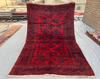 Tapis Baluchi rouge afghan | 165 x 255 cm | Tapis en laine noué à la main | Motifs géométriques tribaux vintage | Tapis oriental rare à poils doux | Tapis de salon
